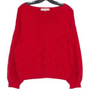 Loft Sweater Heart Boat Neck Valentines Boxy Romantic Balloon Sleeve Red Large